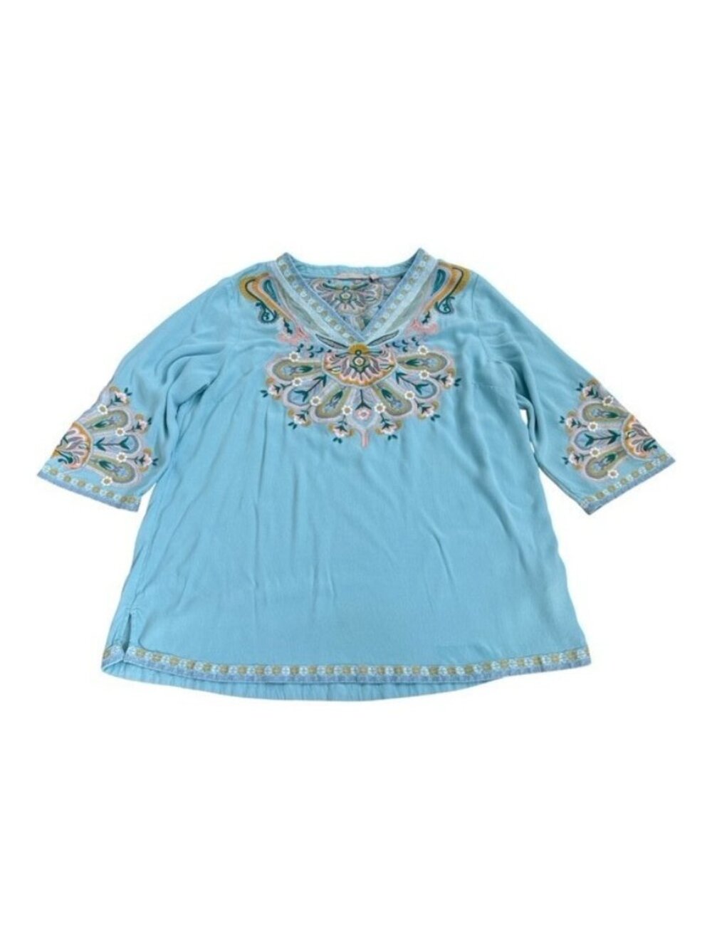 Soft Surroundings River Island Embroidered Tunic Top Boho Peasant Beach Aqua PXL